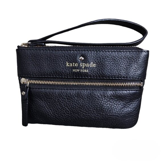 KATE SPADE NEW YORK Pebble Stone Leather Black Wristlet NEW - Picture 1 of 12
